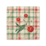 Blood Orange & Olive Plaid Christmas cloth napkin, sliced blood oranges and an olive sprig on red and sage green plaid, folded on a plate