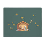 Nativity & Olive Christmas placemat shown flat, a nativity stable with gold stars and olive sprigs on deep green