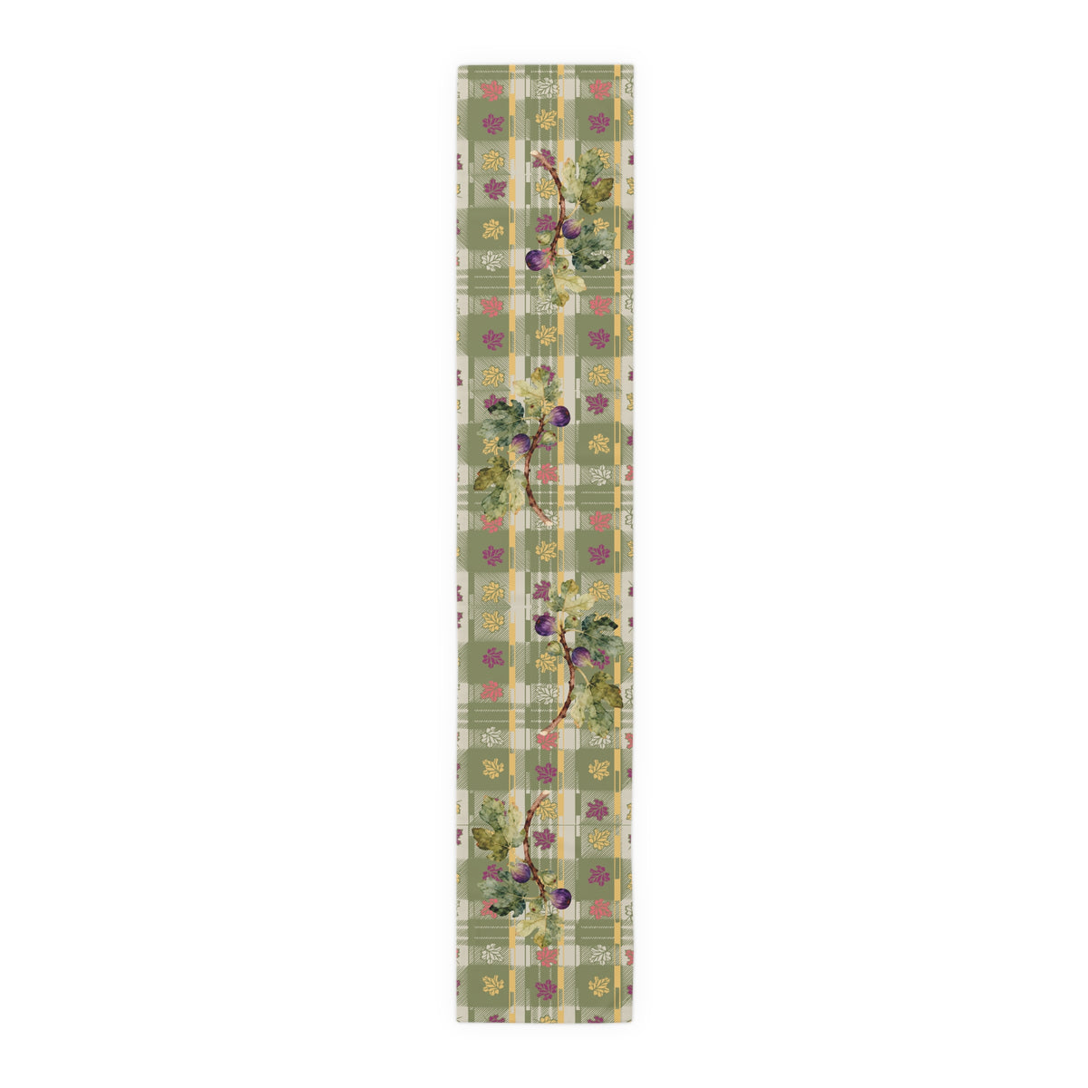 Fig & Maple fall table runner, close view of the hemmed edge and tartan check