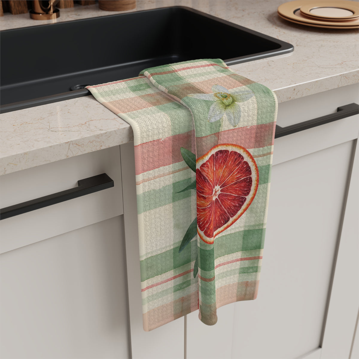 Blood Orange & Olive Plaid Christmas tea towel, 16 by 25 inch kitchen towel shown flat