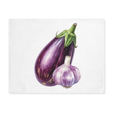 Eggplant and Garlic placemat, showing a single purple eggplant with a garlic bulb beside it on white cotton twill