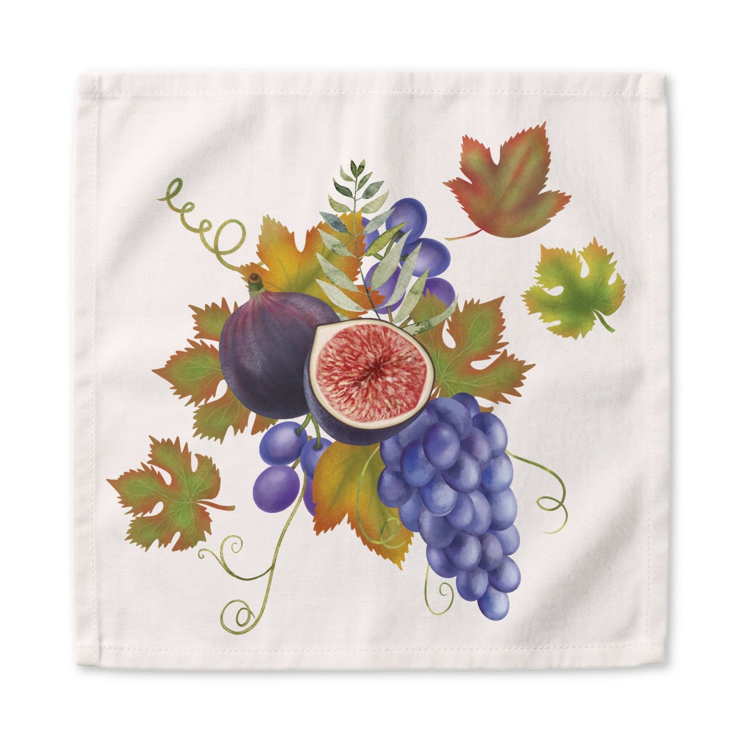 Fig & Grape fall cloth napkin, purple grapes and turning vine leaves, at a laid place setting