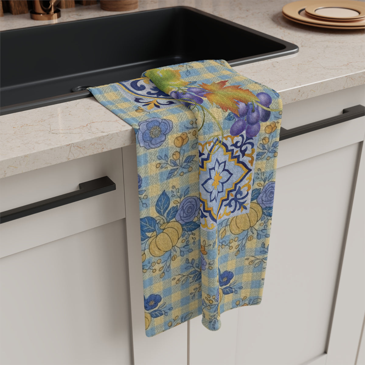 Grape & Pumpkin fall tea towel, shown flat at 16 by 25 inches
