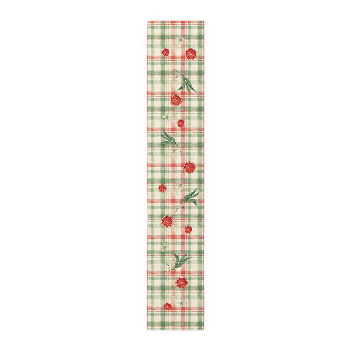 Blood Orange & Olive Plaid Christmas table runner, blood orange and olive plaid print shown full length