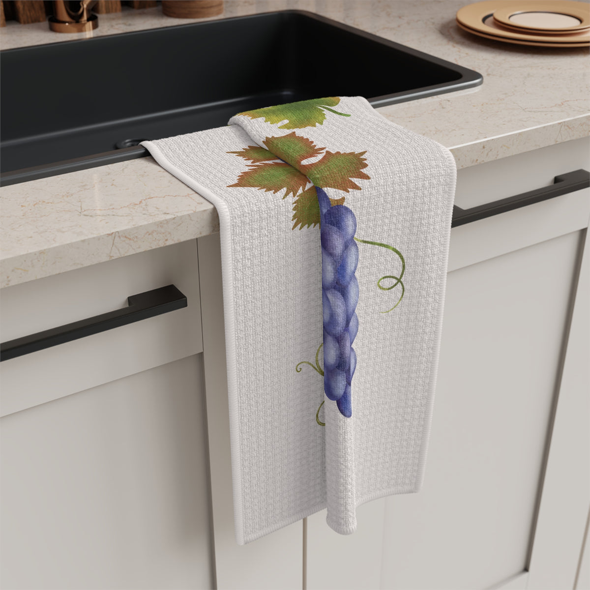 Fig & Grape fall tea towel, 16 by 25 inch kitchen towel shown flat
