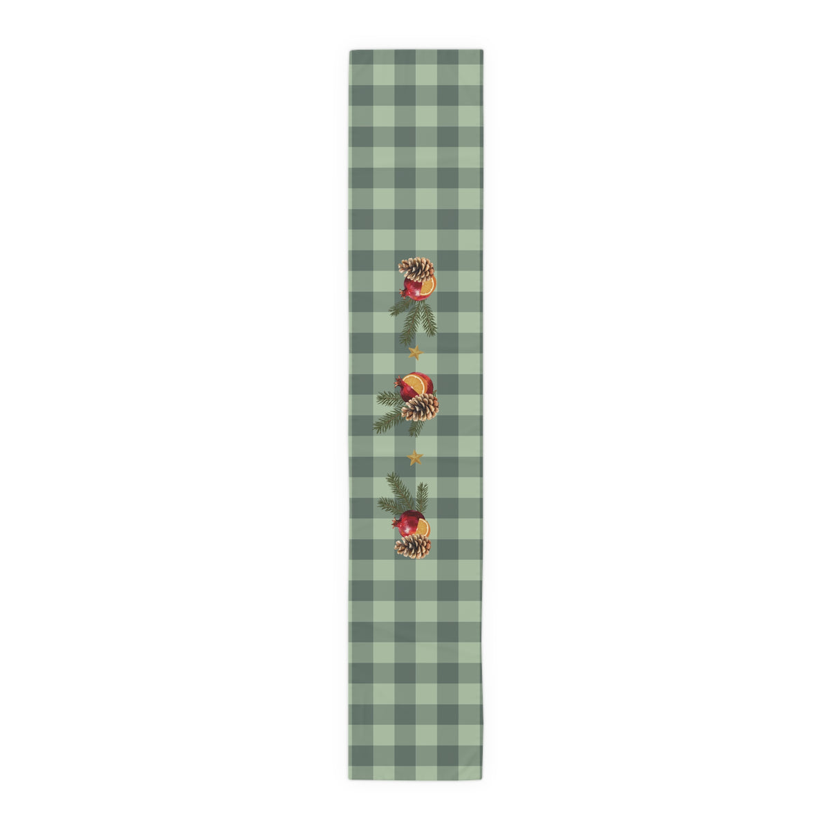 Pomegranate & Pine Gingham Christmas table runner, a pomegranate, pine cone, orange slice and gold star under a pine spray on a sage green gingham check
