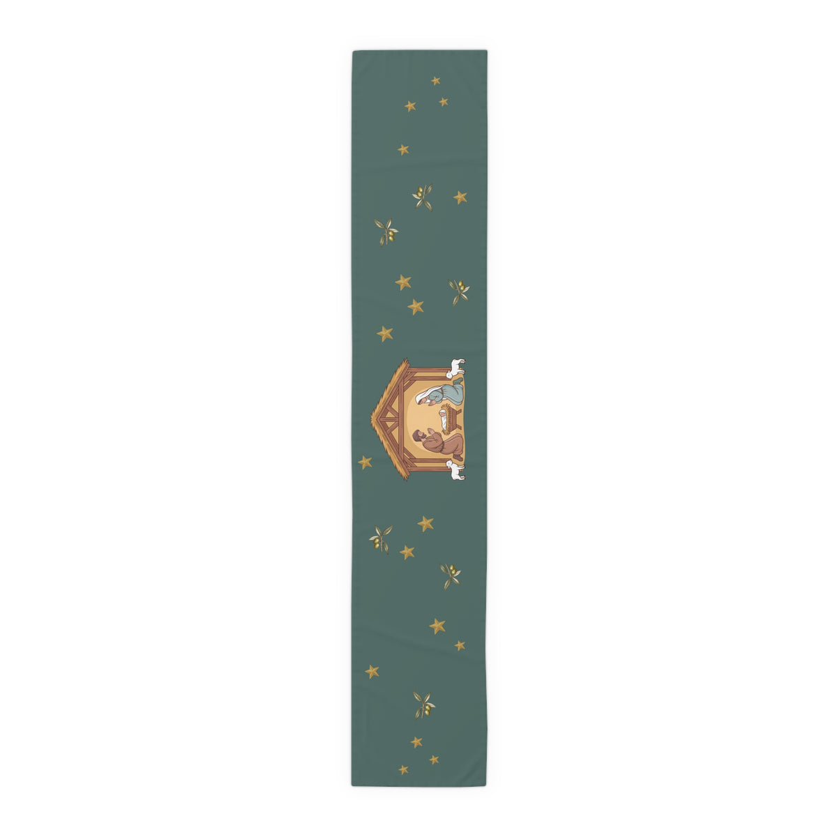 Nativity & Olive Christmas table runner, nativity scene print shown full length on deep green