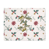 Poinsettia and olive Christmas placemat laid flat, with poinsettias, red holly berries, gold pine cones and olive branches on cream