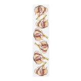 Garlic table runner in polyester, 16 by 72 inches, laid flat with a repeating watercolor garlic bulb pattern