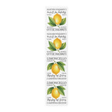 Limoncello table runner in polyester, 16 by 72 inches, laid flat with repeating lemon labels and Limoncello lettering