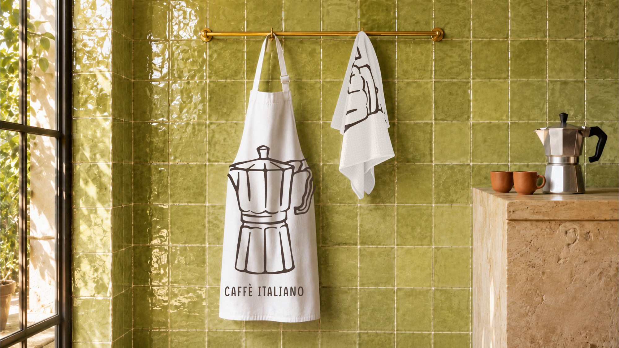 Caffè Italiano apron and tea towel hanging from a brass rail against glossy green kitchen tiles