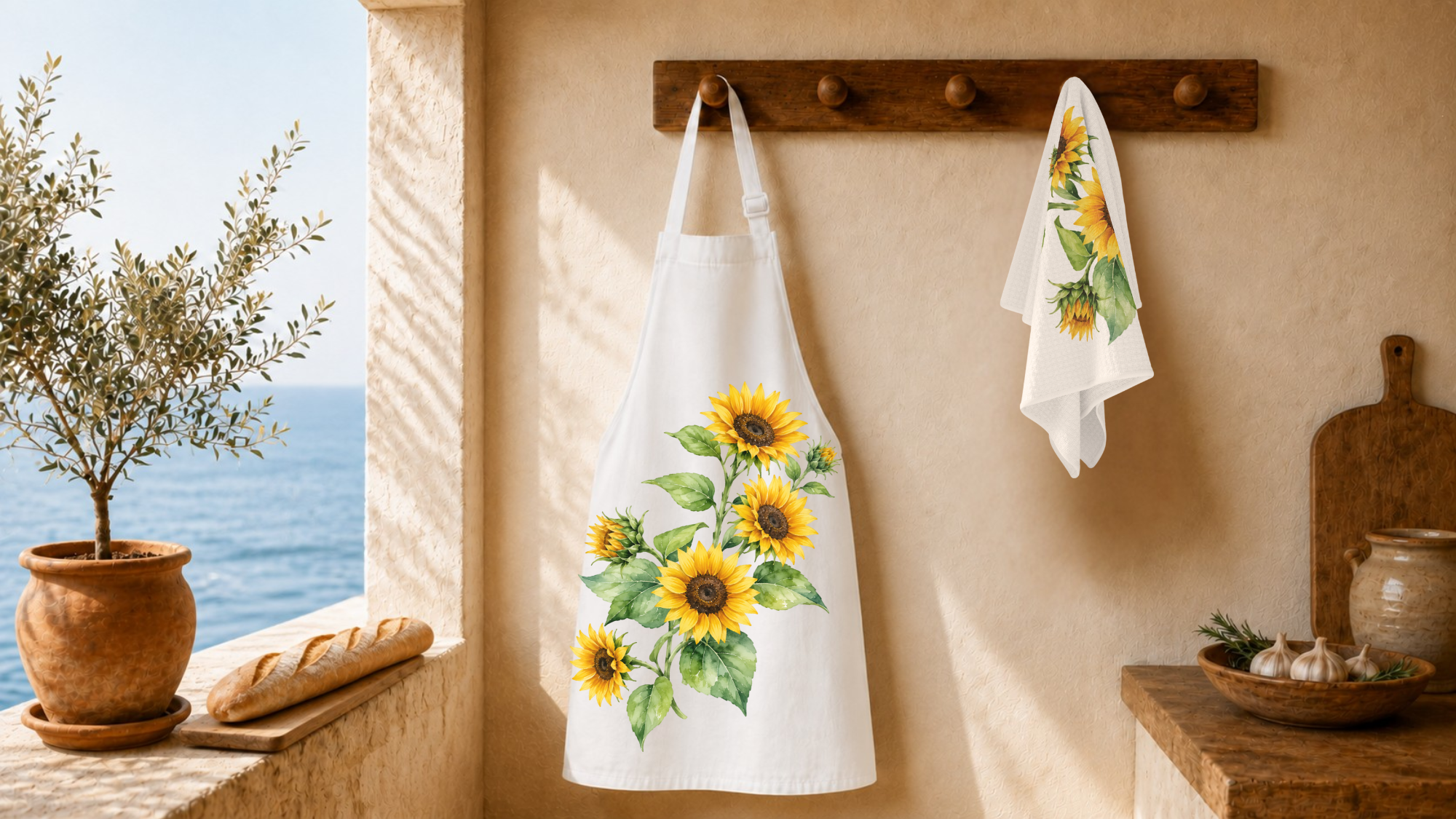 Sunflower apron and tea towel hanging from a wooden peg rail in a sunlit Mediterranean kitchen