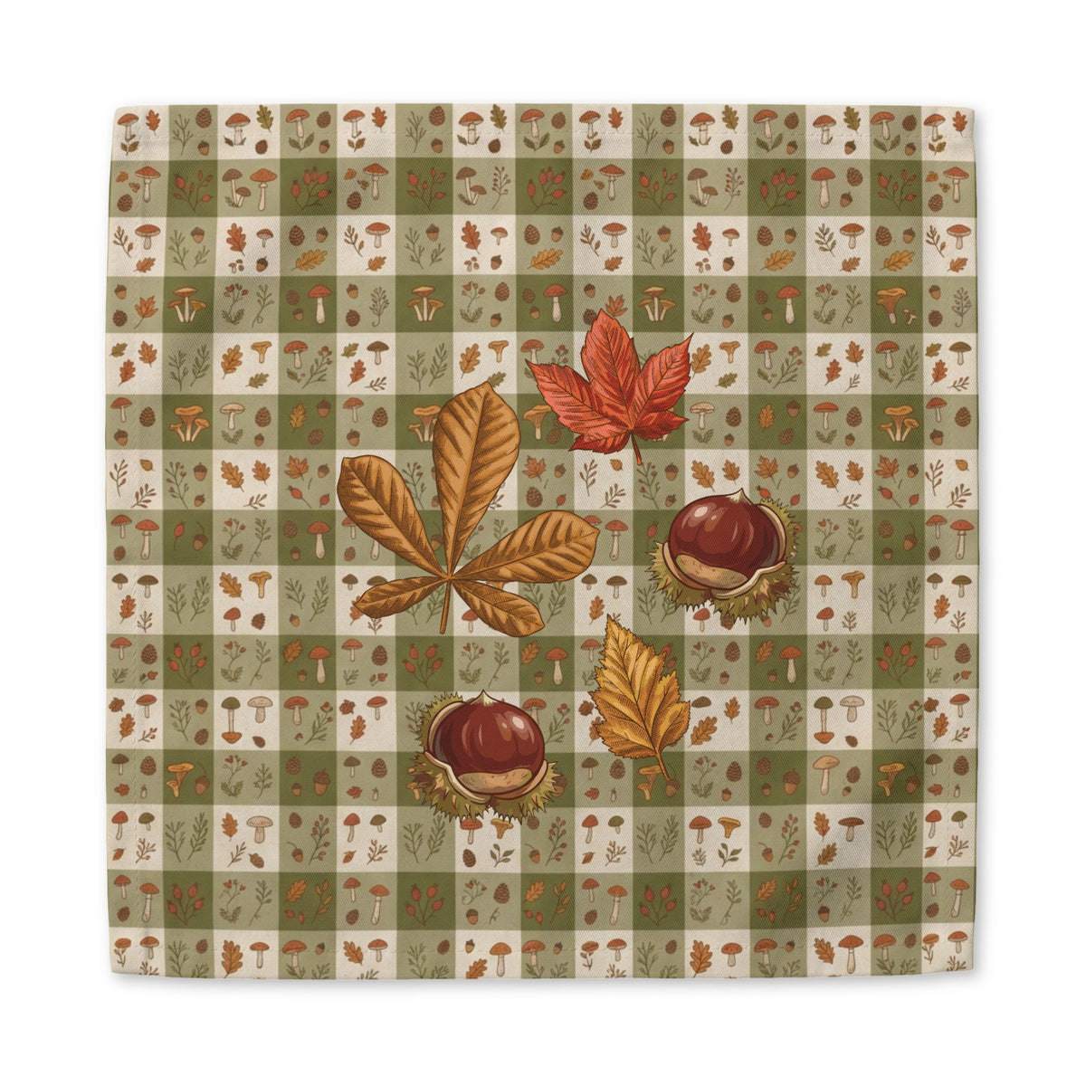 Chestnut & Mushroom fall cloth napkin, mushrooms and autumn leaves on a green check, at a laid place setting
