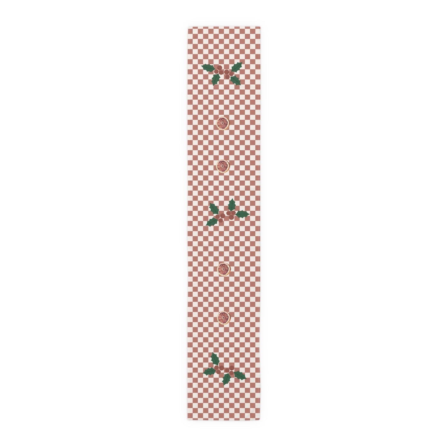 Blood orange check Christmas table runner laid flat, the check running out to the hemmed edge