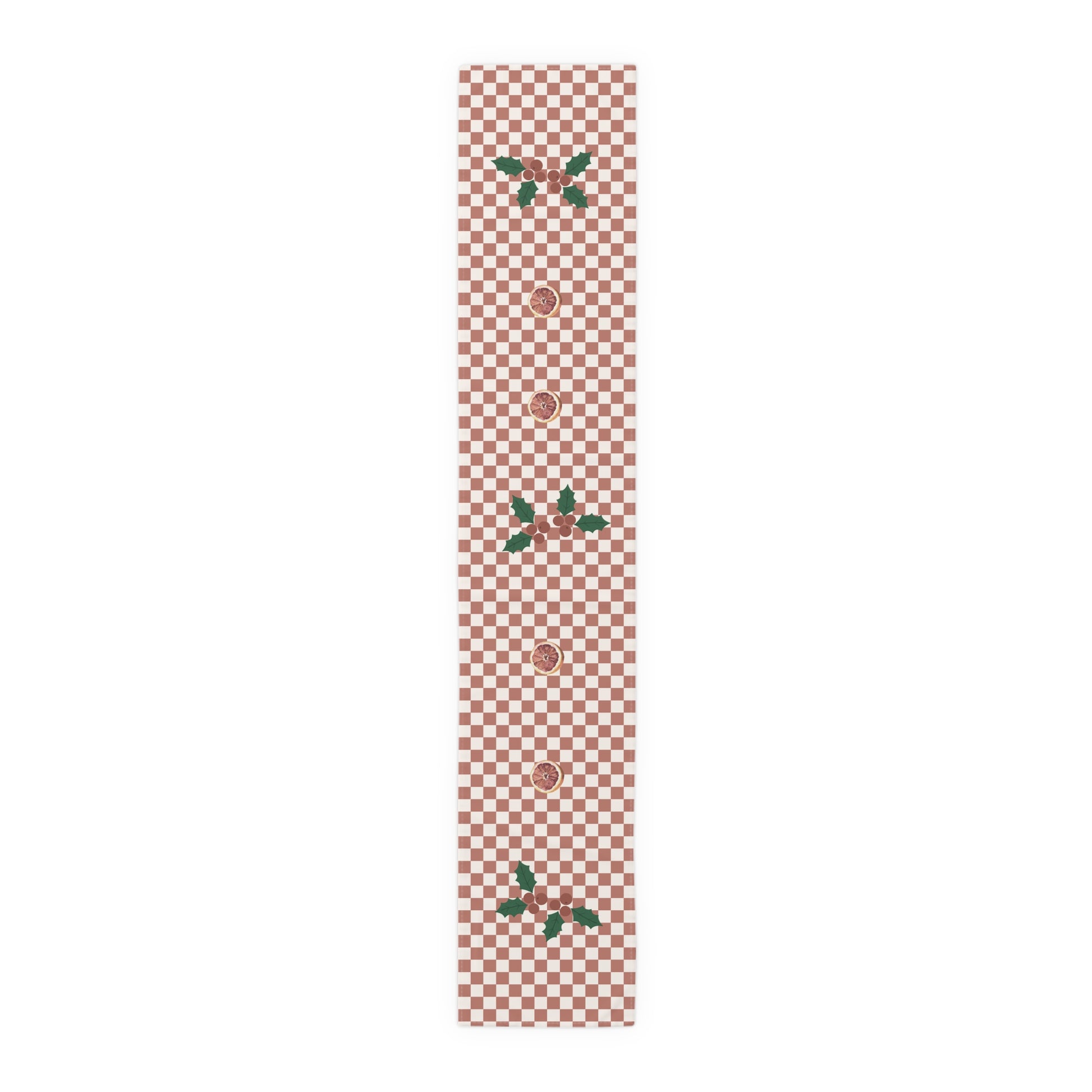 Blood orange check Christmas table runner laid flat, the check running out to the hemmed edge