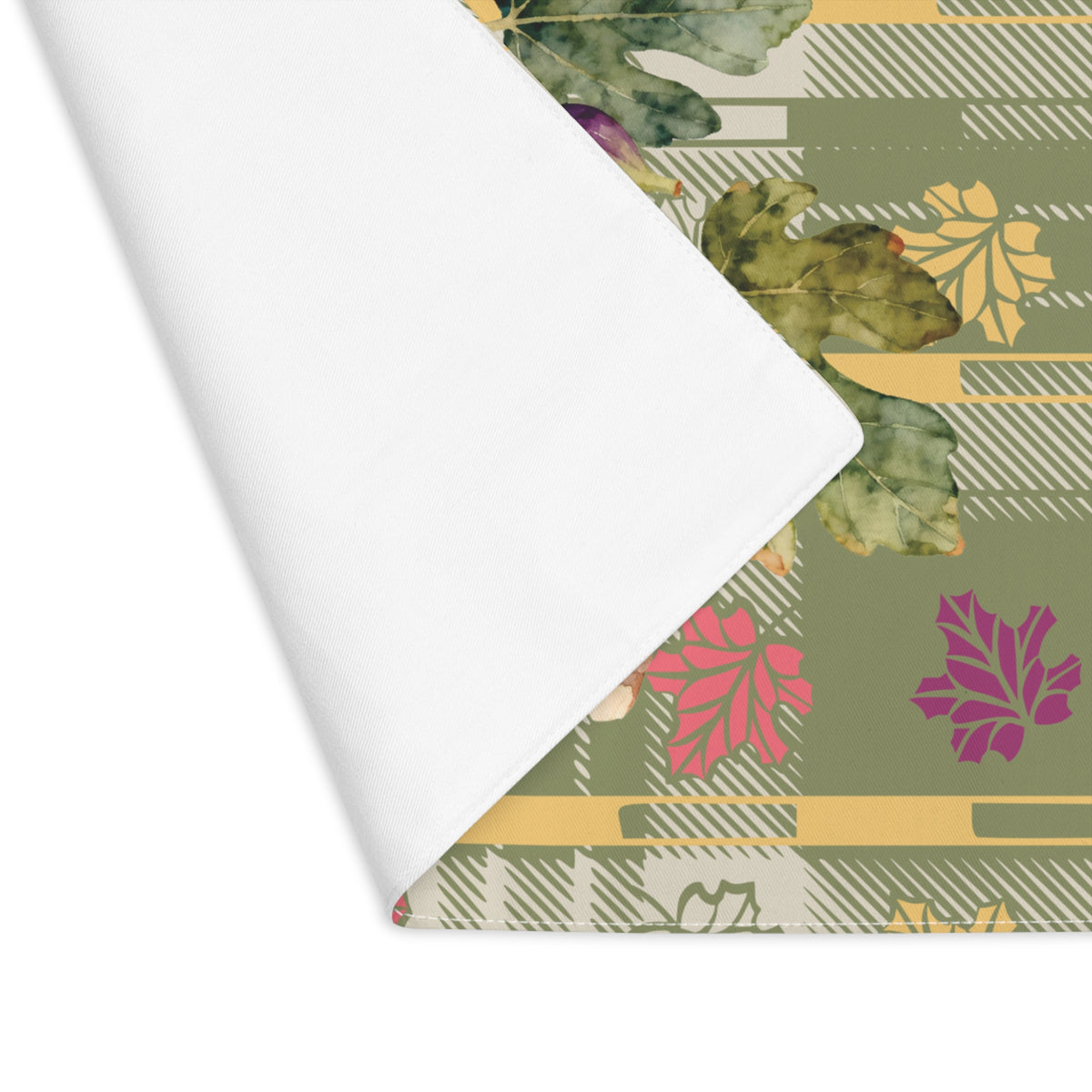 Fig & Maple fall placemat, fig branch detail in the print, set with autumn tableware