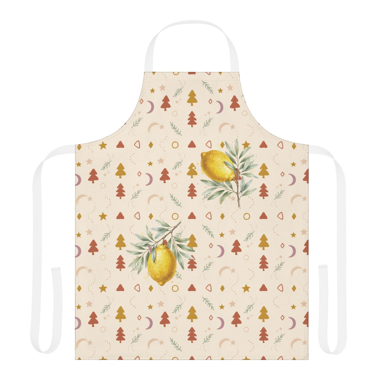 Lemon and pine Christmas apron laid flat with white neck and waist straps, showing watercolour lemons on leafy branches among small rust and gold Christmas trees, stars and crescent moons on cream