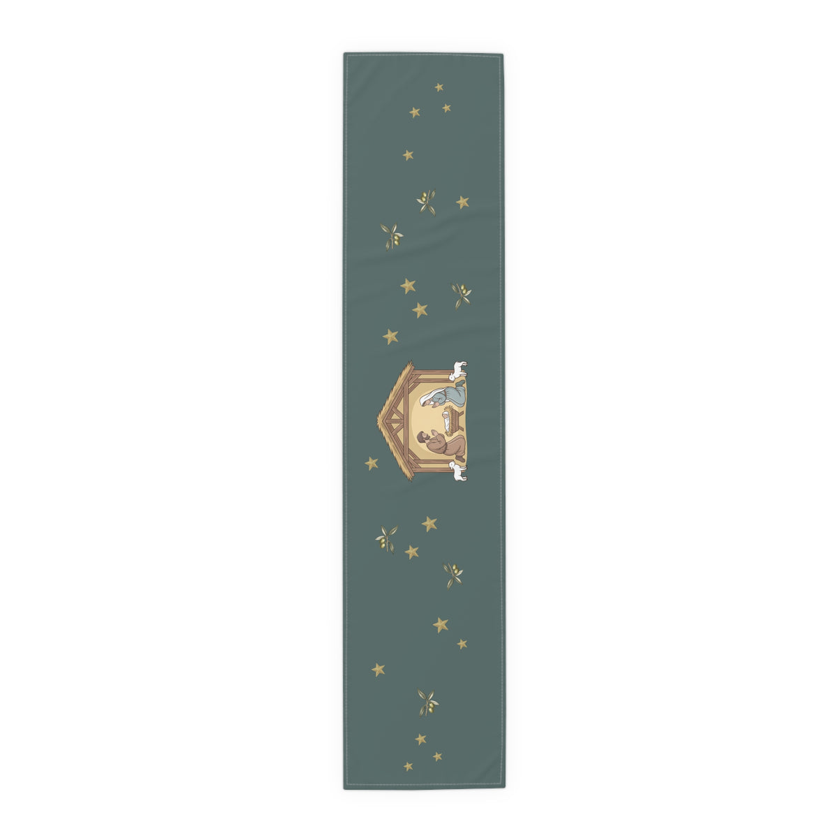 Nativity & Olive Christmas table runner shown flat, a nativity stable with gold stars and olive sprigs on deep green