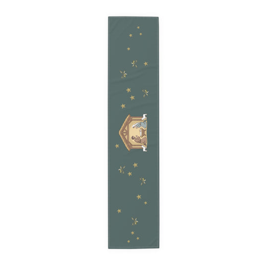 Nativity & Olive Christmas table runner shown flat, a nativity stable with gold stars and olive sprigs on deep green