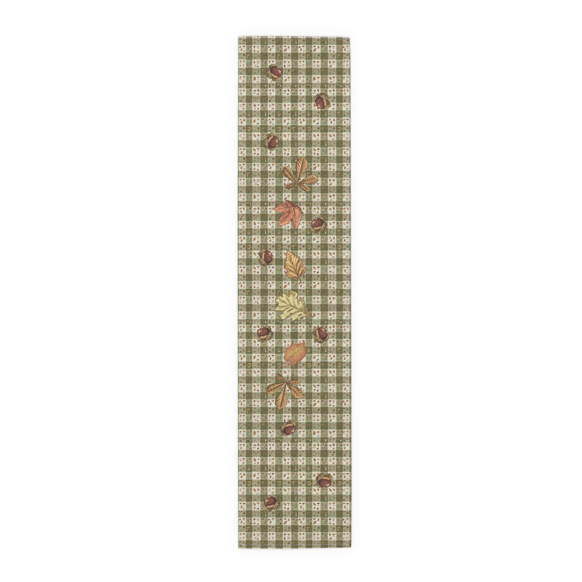 Chestnut & Mushroom fall table runner, olive green gingham with chestnuts and autumn leaves, on a laid dining table