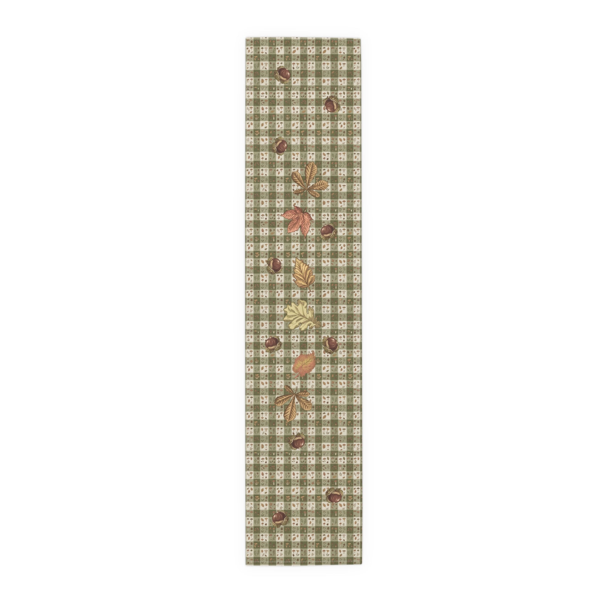 Chestnut & Mushroom fall table runner, olive green gingham with chestnuts and autumn leaves, on a laid dining table