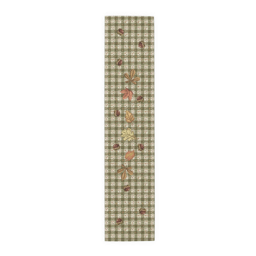 Chestnut & Mushroom fall table runner, olive green gingham with chestnuts and autumn leaves, on a laid dining table