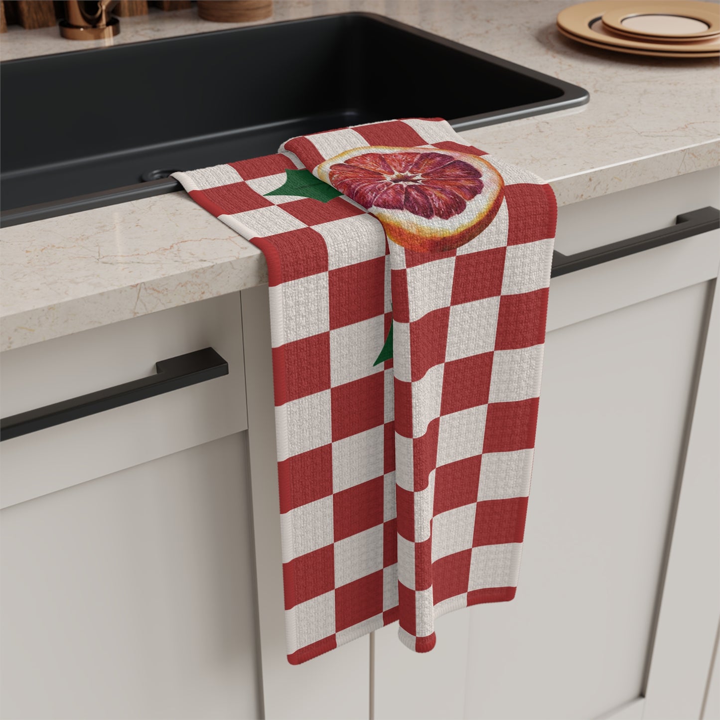 Blood orange check Christmas kitchen towel folded, showing the red and cream check