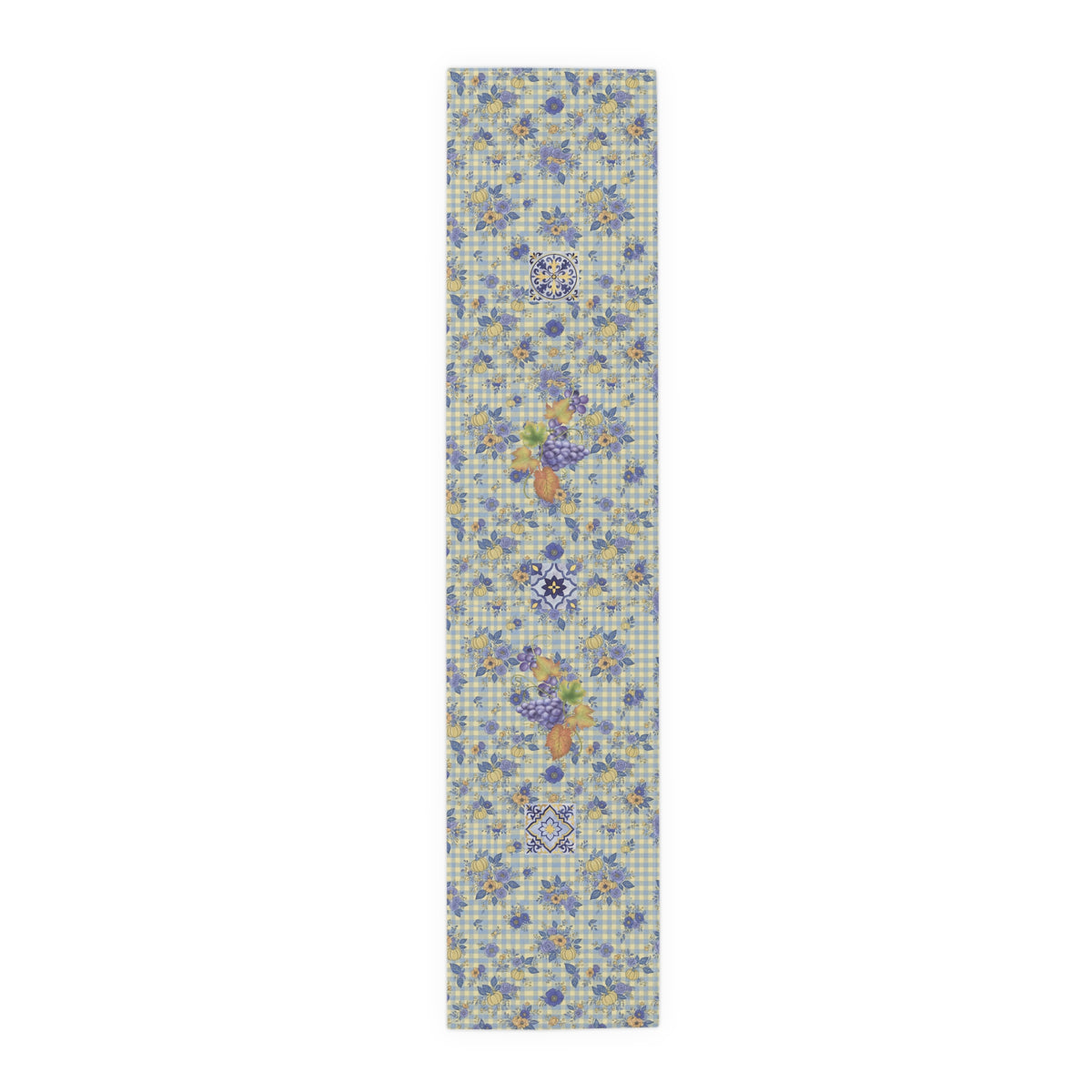Grape & Pumpkin fall table runner, purple grapes and vine leaves on blue and yellow gingham, on a wooden dining table
