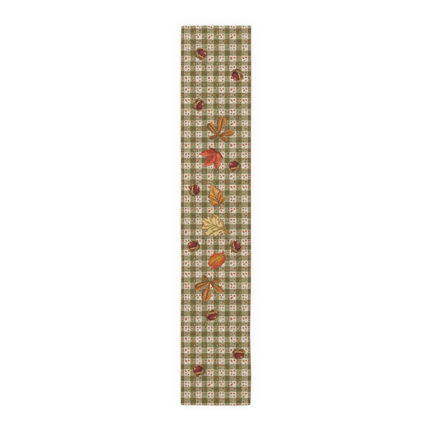 Chestnut & Mushroom fall table runner, olive gingham print with rosehips and pinecones, shown full length