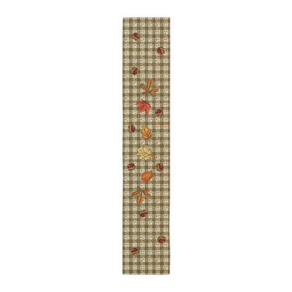 Chestnut & Mushroom fall table runner, olive gingham print with rosehips and pinecones, shown full length