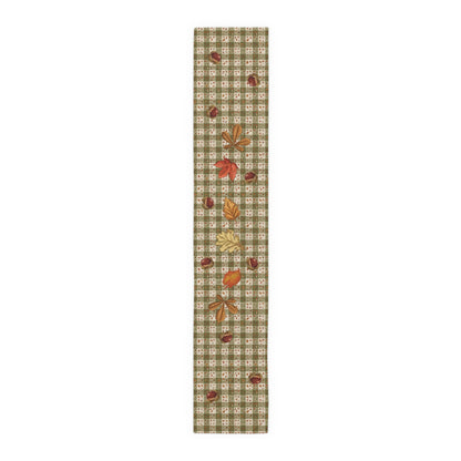 Chestnut & Mushroom fall table runner, olive gingham print with rosehips and pinecones, shown full length