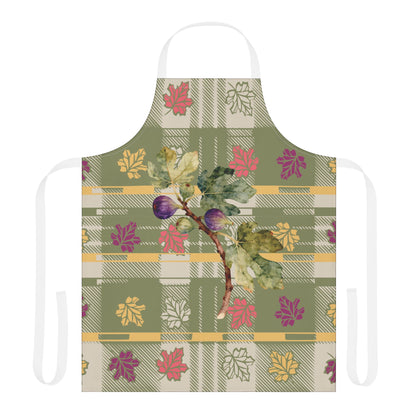 Fig & Maple fall apron, figs and maple leaves on sage green tartan, worn in a kitchen
