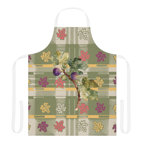 Fig & Maple fall apron, figs and maple leaves on sage green tartan, worn in a kitchen