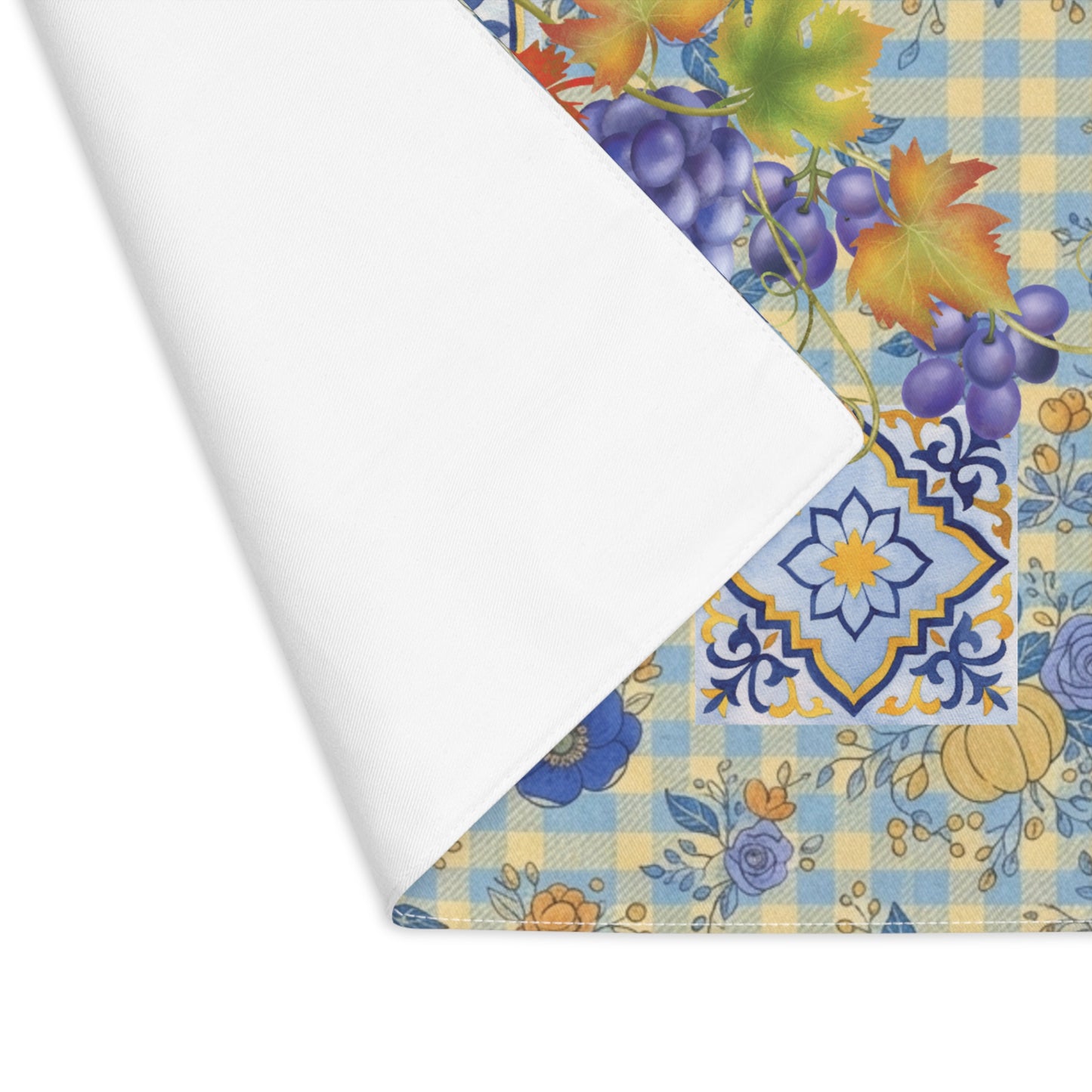 Grape & Pumpkin fall placemat, majolica tile detail in the print, set with autumn tableware