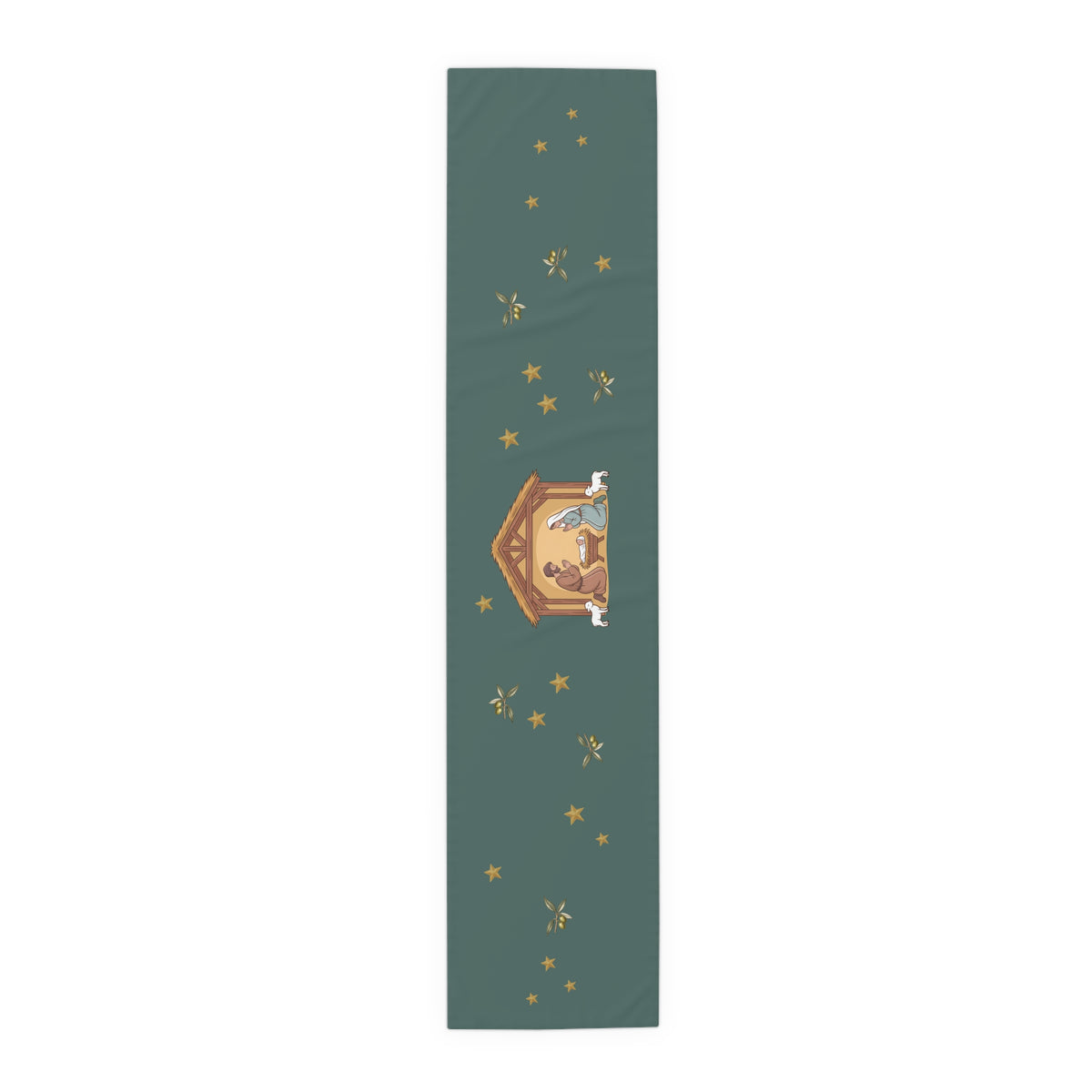 Nativity & Olive Christmas table runner down the length of a set table, olive sprigs beside the nativity stable