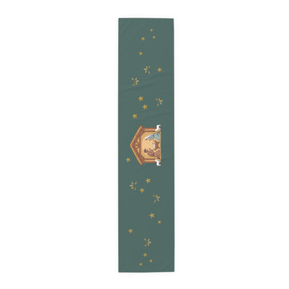 Nativity & Olive Christmas table runner down the length of a set table, olive sprigs beside the nativity stable