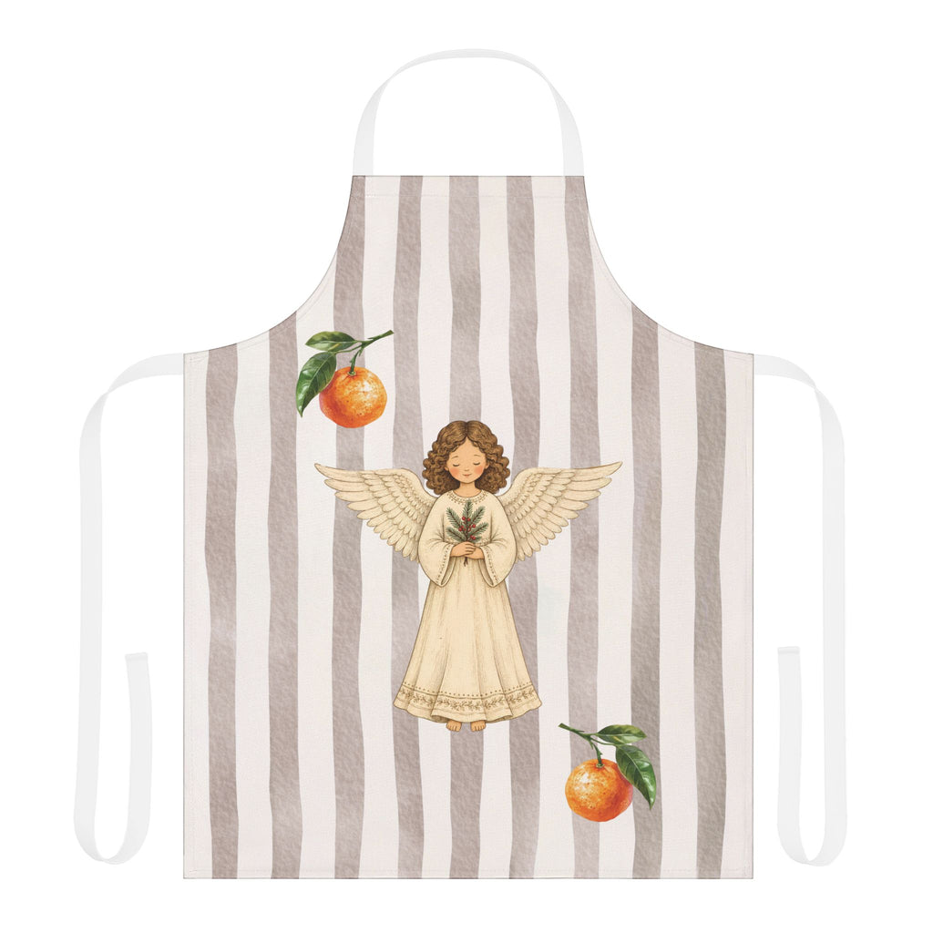 Angels and oranges Christmas apron laid flat, showing the angel and pine sprig on a soft grey stripe with an orange above and below