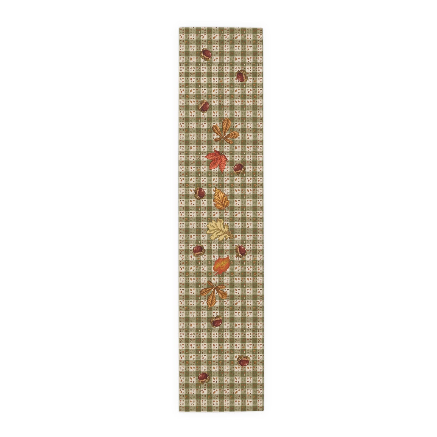 Chestnut & Mushroom fall table runner, mushrooms and acorns across a green check, on a wooden table