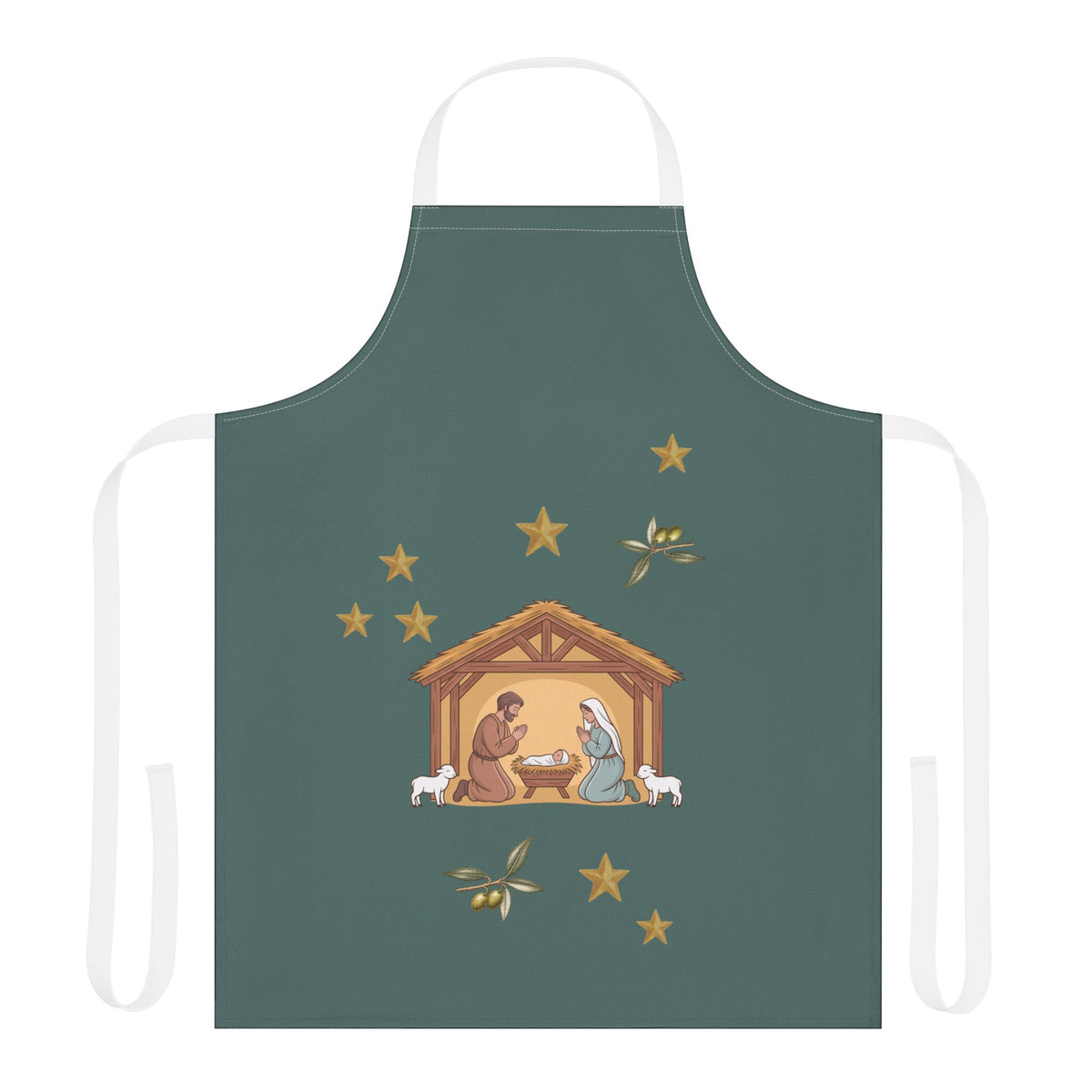 Nativity & Olive Christmas apron laid flat, a nativity stable with gold stars and olive sprigs on deep green