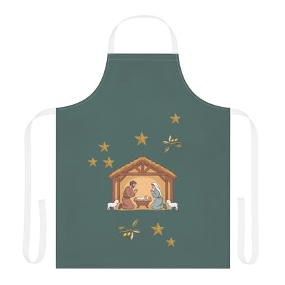 Nativity & Olive Christmas apron laid flat, a nativity stable with gold stars and olive sprigs on deep green