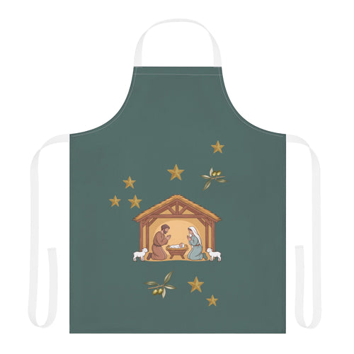 Nativity & Olive Christmas apron laid flat, a nativity stable with gold stars and olive sprigs on deep green