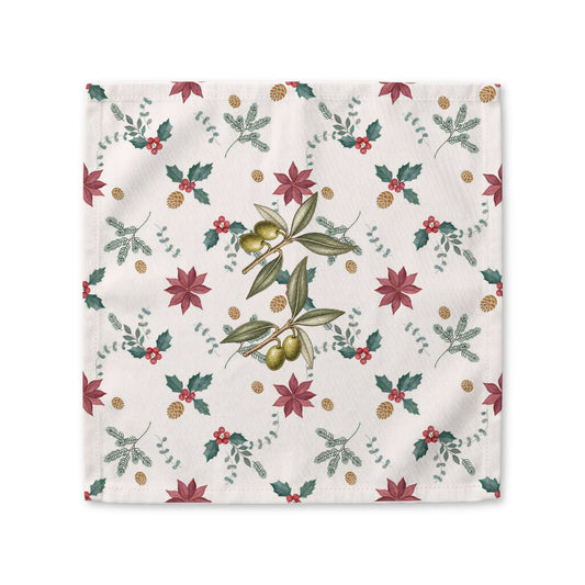 Poinsettia and olive Christmas cloth napkin laid flat, showing poinsettias, red holly berries, gold pine cones and olive branches on cream
