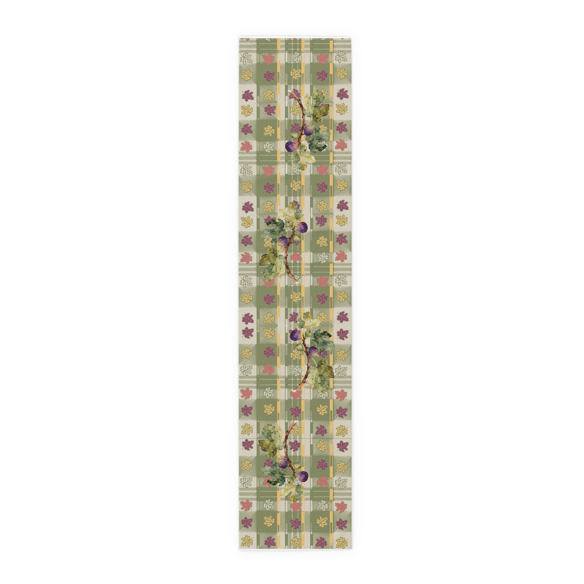 Fig & Maple fall table runner, gold and magenta maple leaves in the print, styled with autumn tableware