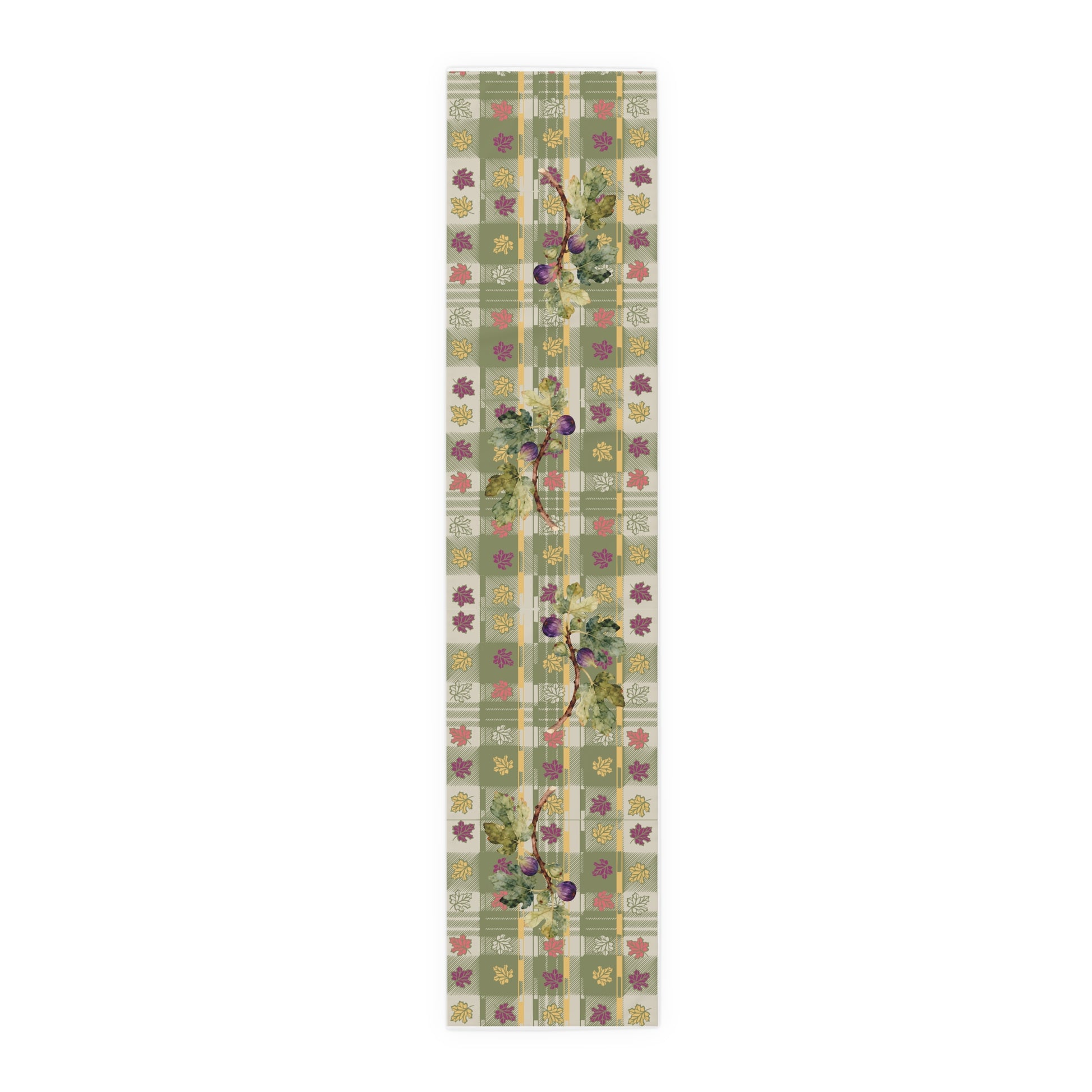 Fig & Maple fall table runner, gold and magenta maple leaves in the print, styled with autumn tableware
