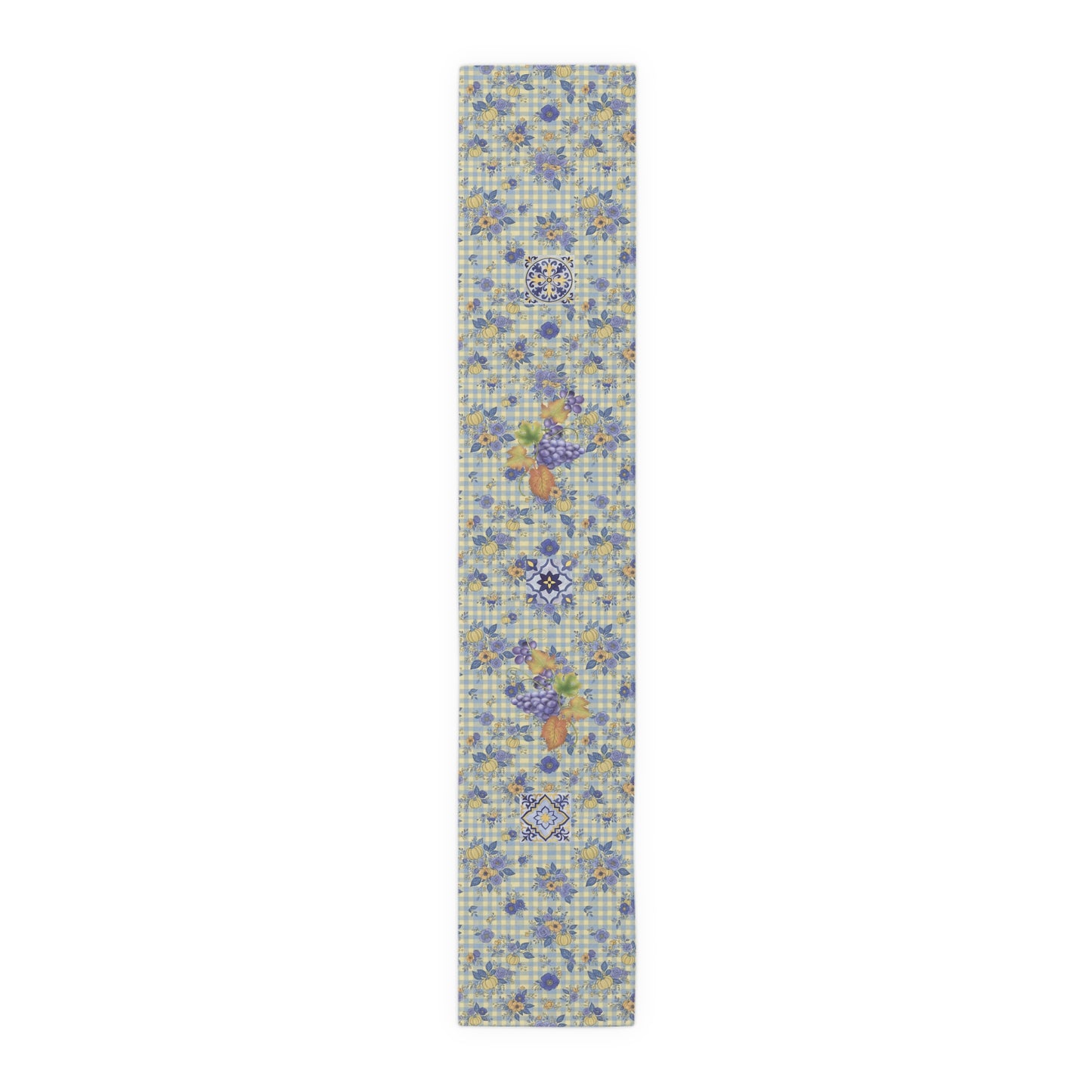 Grape & Pumpkin fall table runner, shown full length across a laid Thanksgiving table