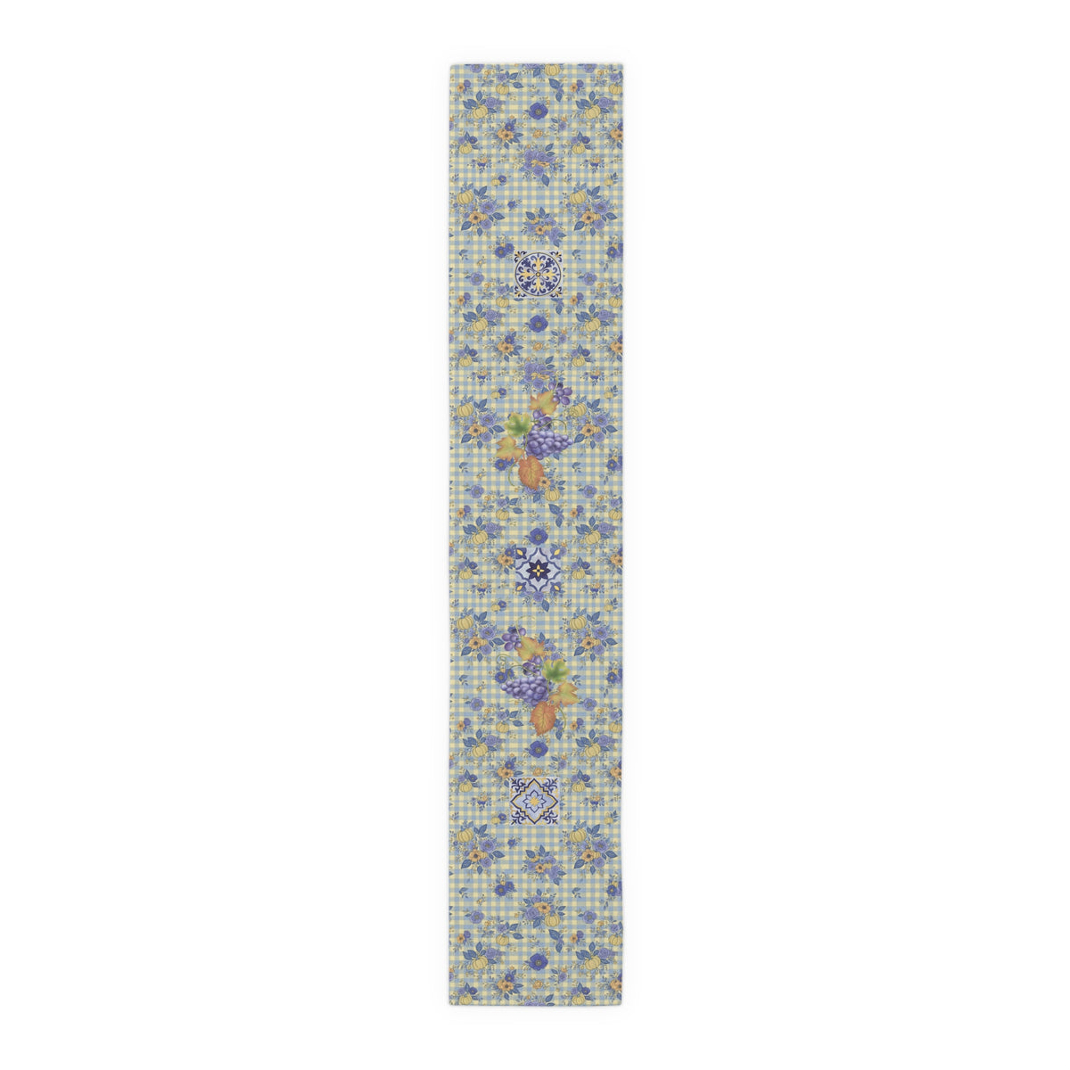 Grape & Pumpkin fall table runner, shown full length across a laid Thanksgiving table