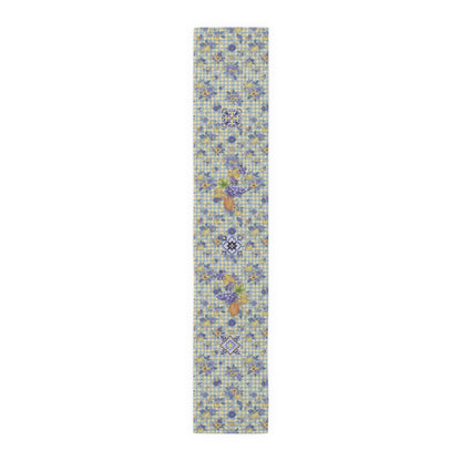 Grape & Pumpkin fall table runner, shown full length across a laid Thanksgiving table