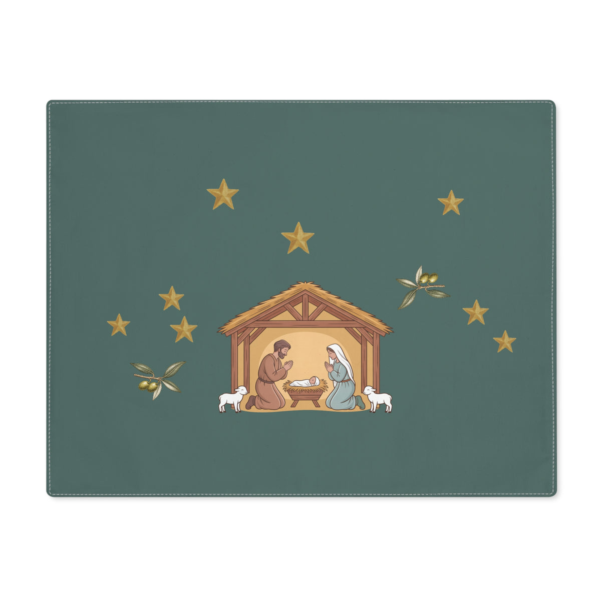 Nativity & Olive Christmas placemat shown flat, a nativity stable with gold stars and olive sprigs on deep green