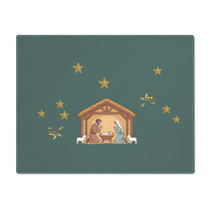 Nativity & Olive Christmas placemat shown flat, a nativity stable with gold stars and olive sprigs on deep green
