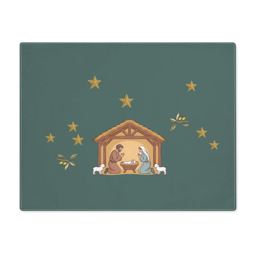 Nativity & Olive Christmas placemat shown flat, a nativity stable with gold stars and olive sprigs on deep green
